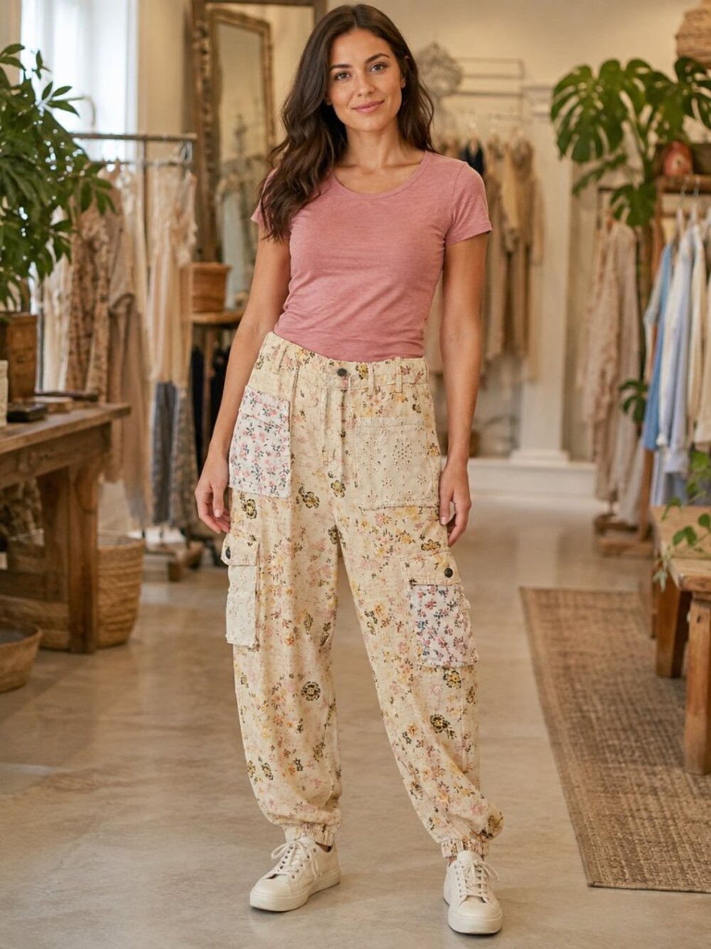 POL Double Take Floral Patchwork Cargo Joggers Natural M